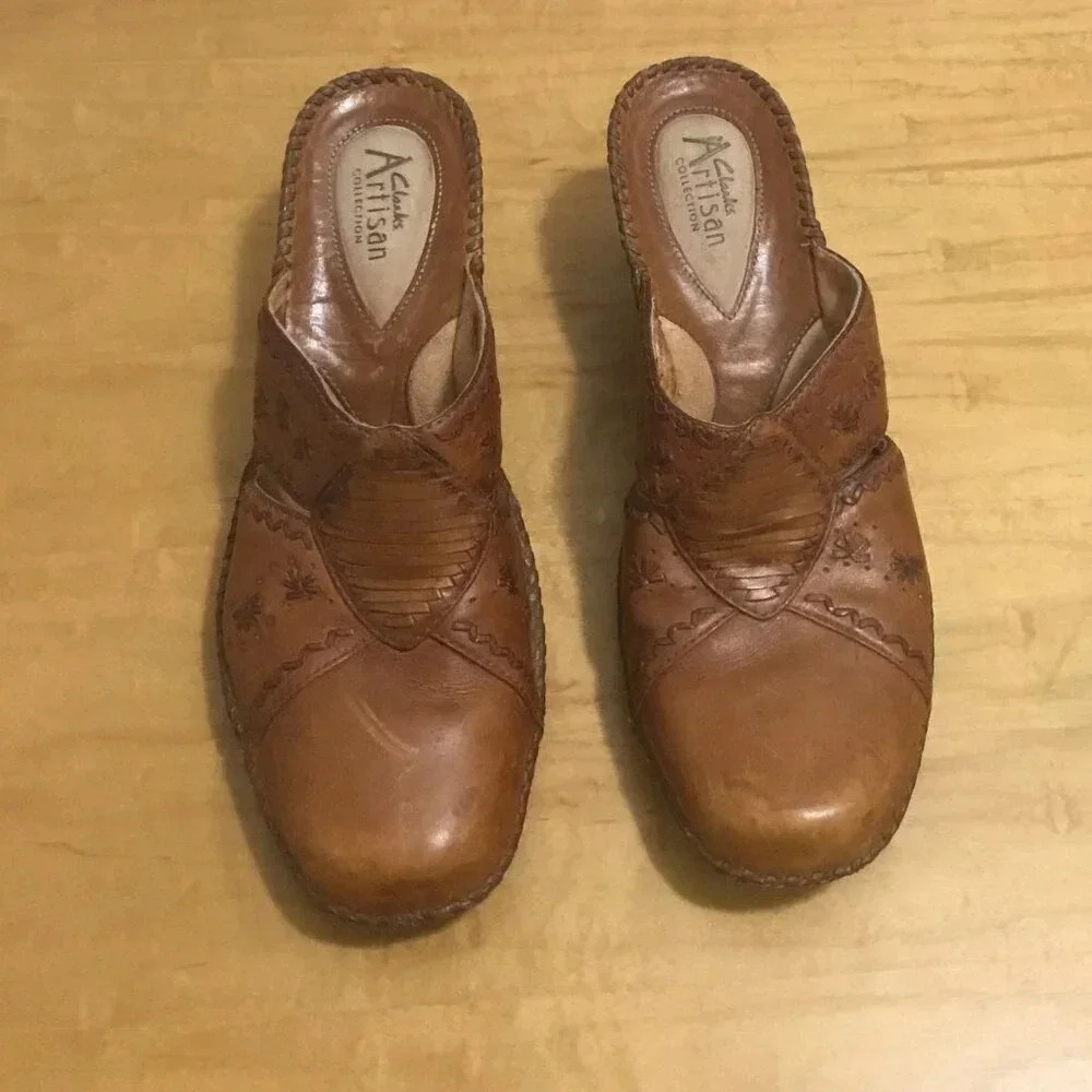 Clarks Artisan 9 M Leather Wedge Mules Chestnut Brown Women's Slip On Shoe
